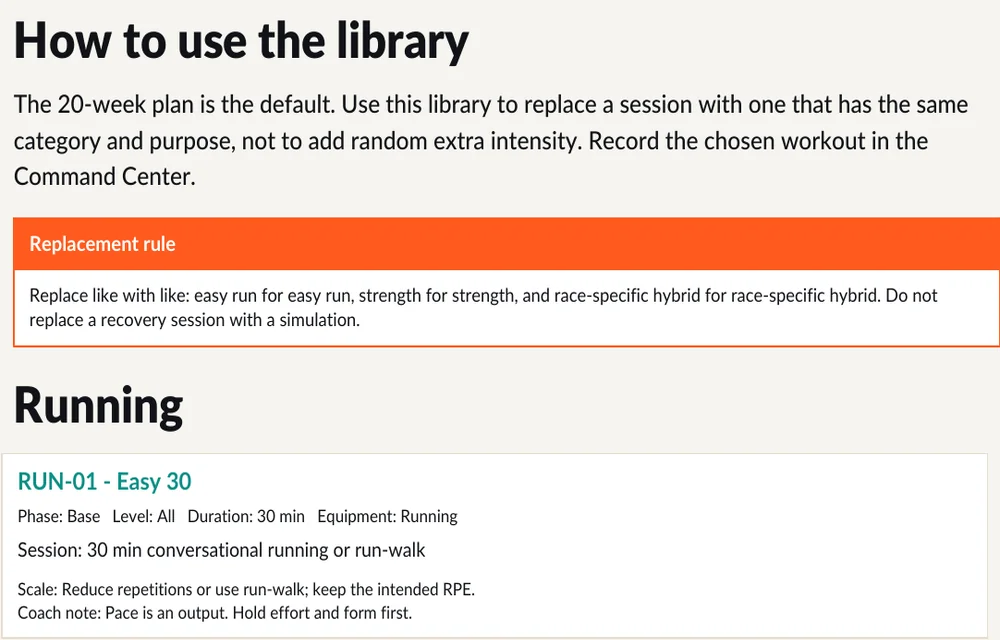 Cropped excerpt from the actual 60-session workout library